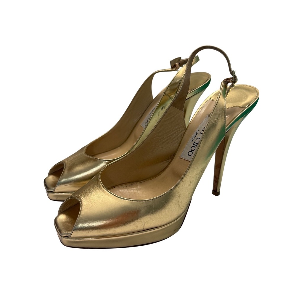 Jimmy Choo Gold Metallic Leather Peep Toe Slingback Platform Pumps Size 40